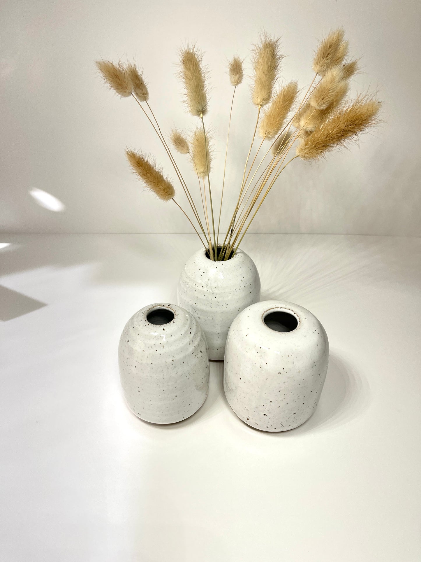 White Bud Vase on Speckled Clay / Handmade Ceramics by Sue / Buy Online NZ