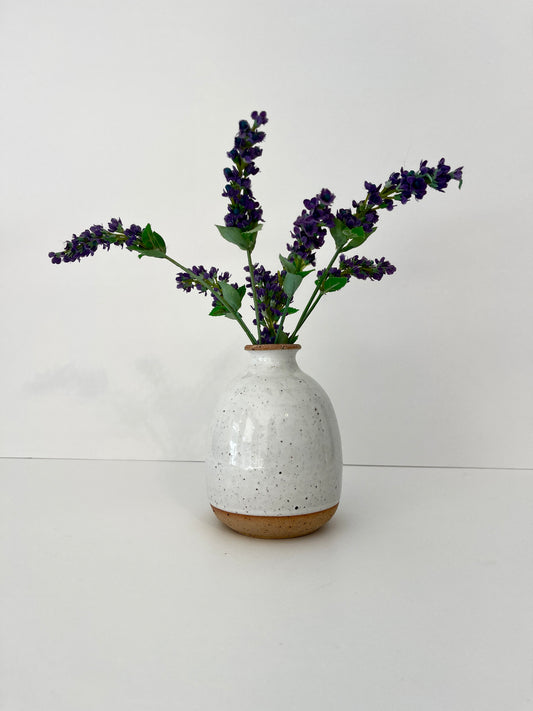 White Speckled Round Bud Vase with Raw Base